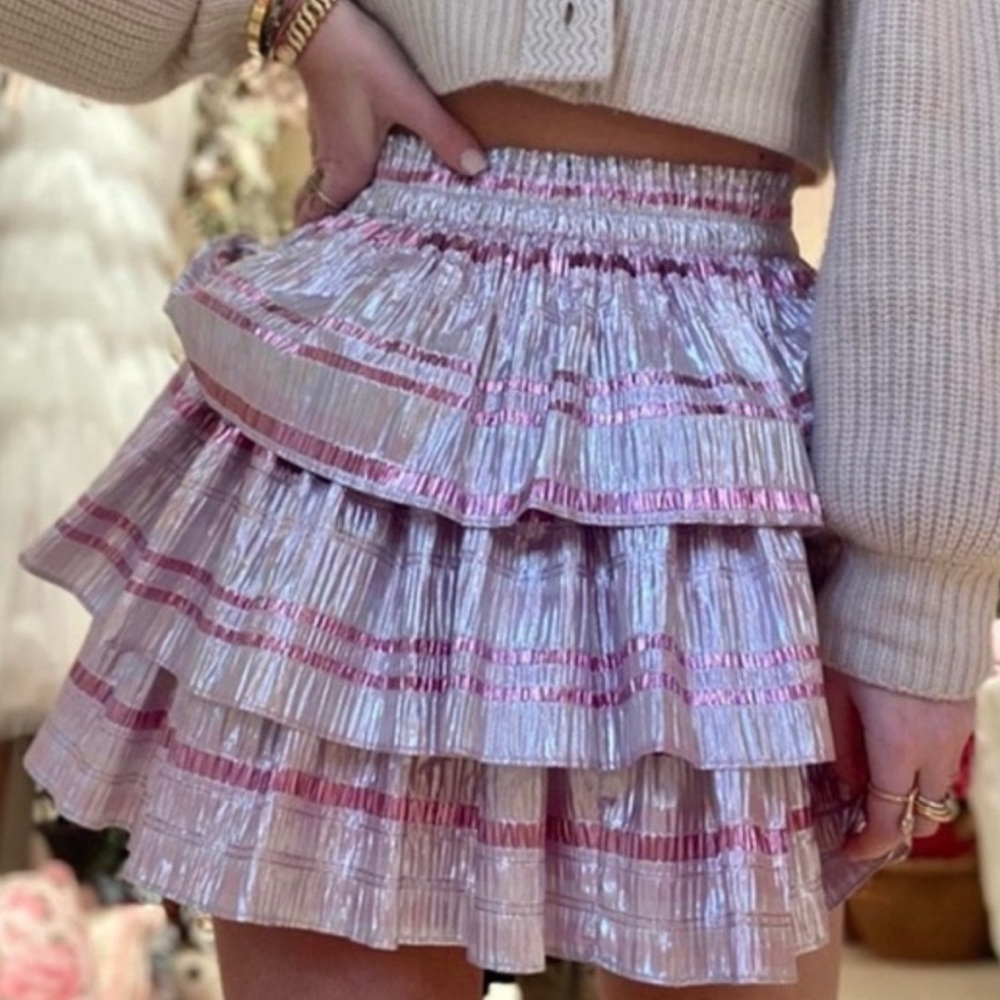 LOVESHACKFANCY Metallic Ruffle Tiered Party Holiday Mini Skirt PINK & Silver